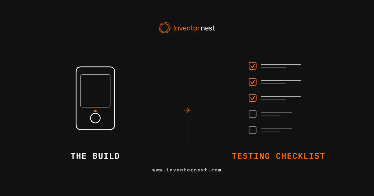 Line drawing of a finished hardware build beside a testing checklist with the first three items ticked off