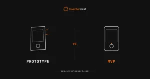 Line drawing comparing a rough, tilted prototype device with a clean finished MVP version of the same physical product