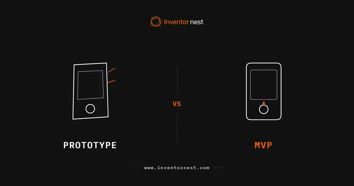 Line drawing comparing a rough, tilted prototype device with a clean finished MVP version of the same physical product