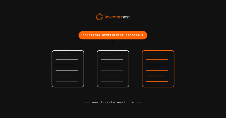 Line diagram of three proposal documents side by side with one highlighted, representing how to compare hardware product development proposals and quotes