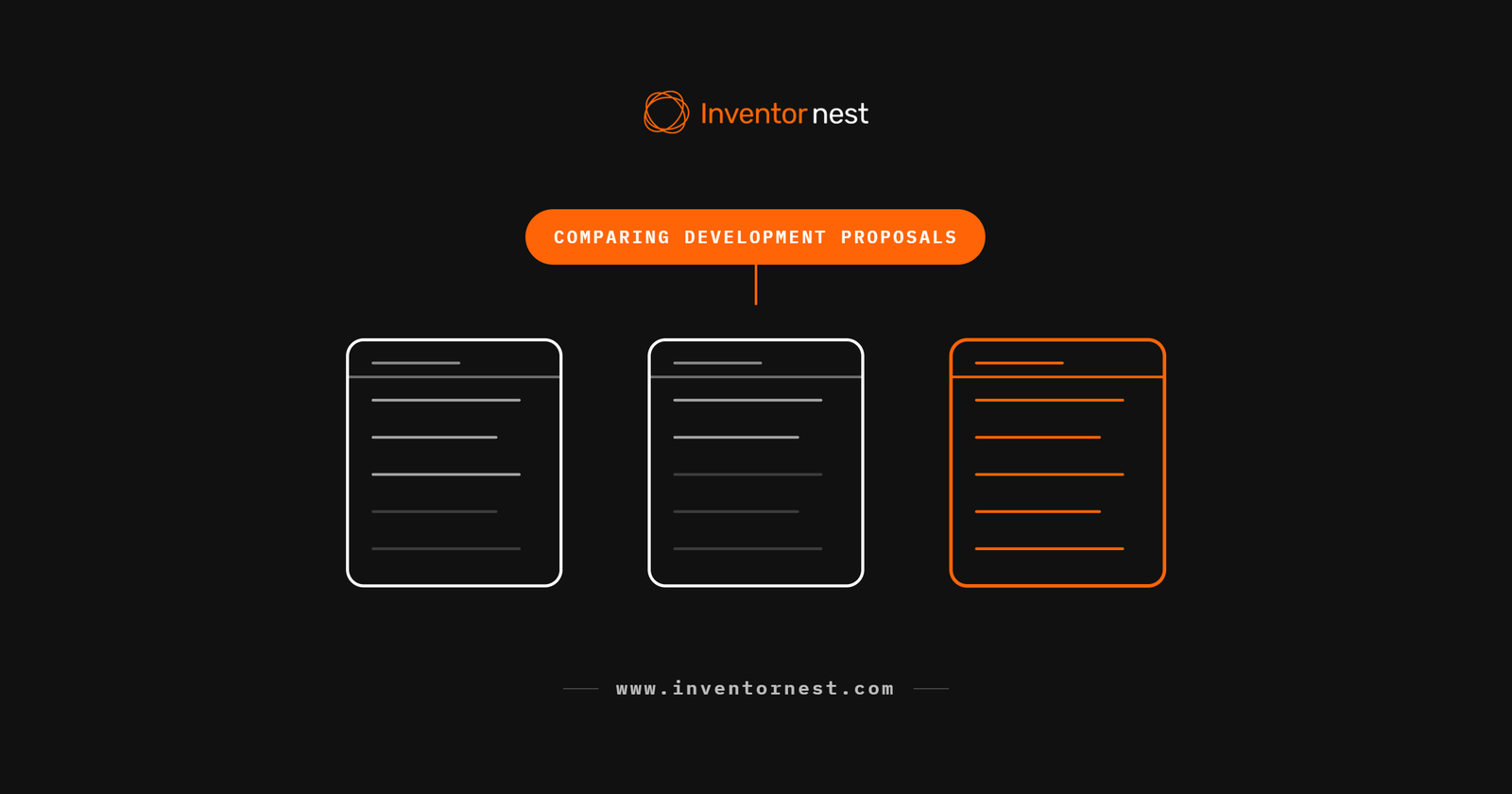 Line diagram of three proposal documents side by side with one highlighted, representing how to compare hardware product development proposals and quotes