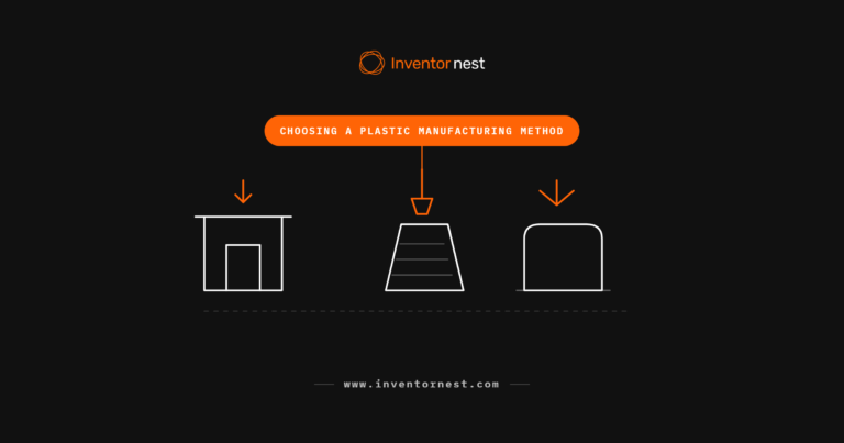 Line diagram of three plastic part shapes each fed by a different process, representing choosing a manufacturing method for plastic parts