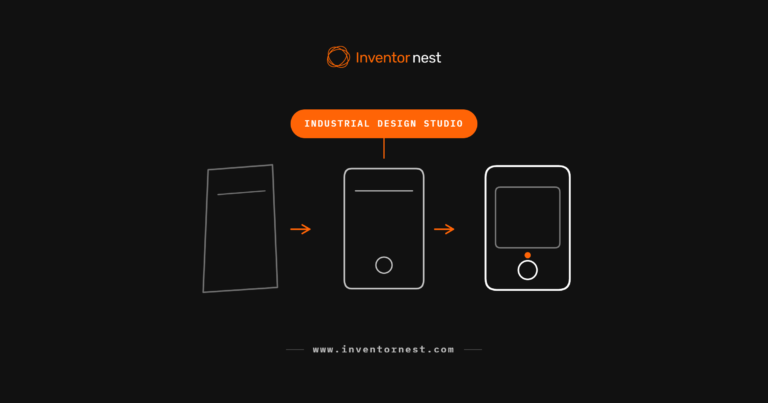 Line diagram showing an industrial design progression from flat sketch to plain enclosure to finished-looking device
