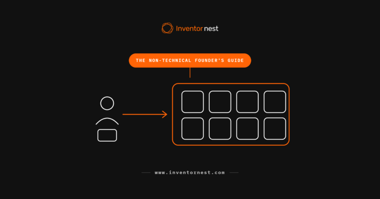 Line diagram of a founder handing a hardware project to a grid of specialist roles, representing the non-technical founder's guide to getting a hardware product built