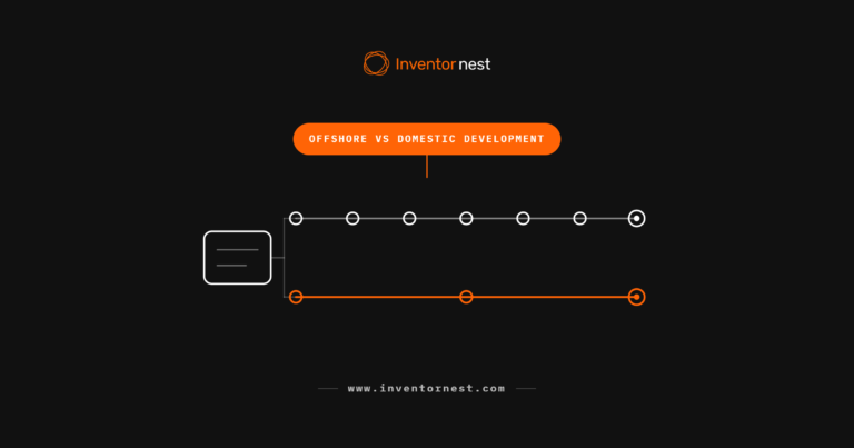 Diagram comparing a long offshore timeline with many handoffs against a shorter domestic timeline, representing choosing an offshore or domestic development partner
