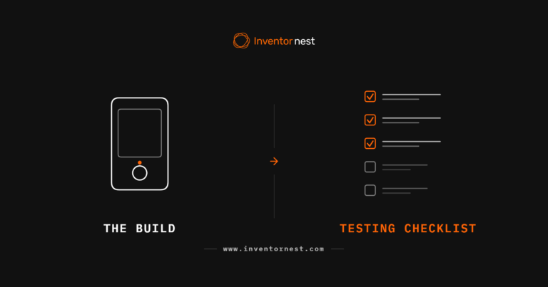 Line drawing of a finished hardware build beside a testing checklist with the first three items ticked off