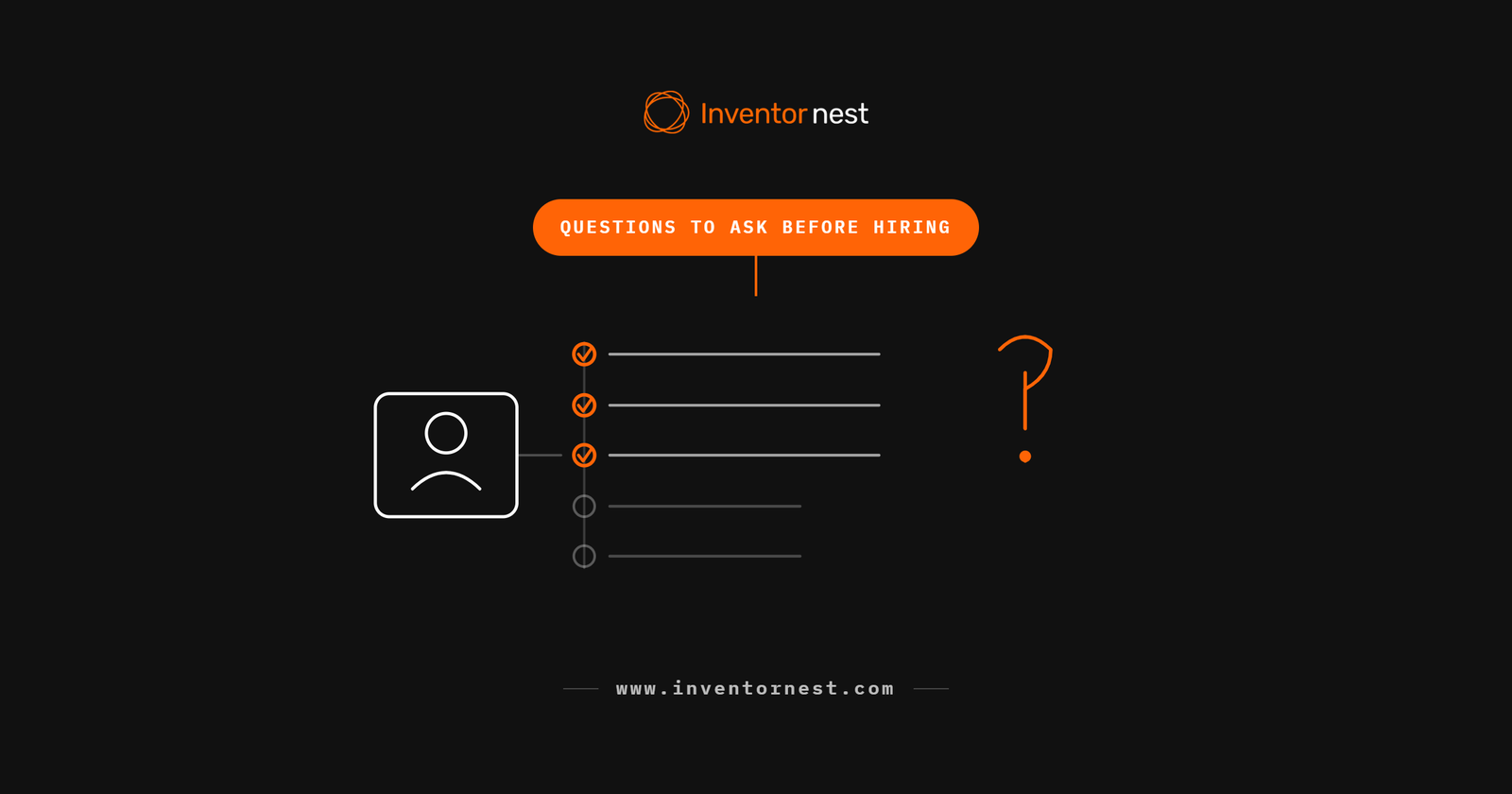 Line diagram of a person icon beside a checklist marked with a question mark, representing questions to ask before hiring a hardware development company.