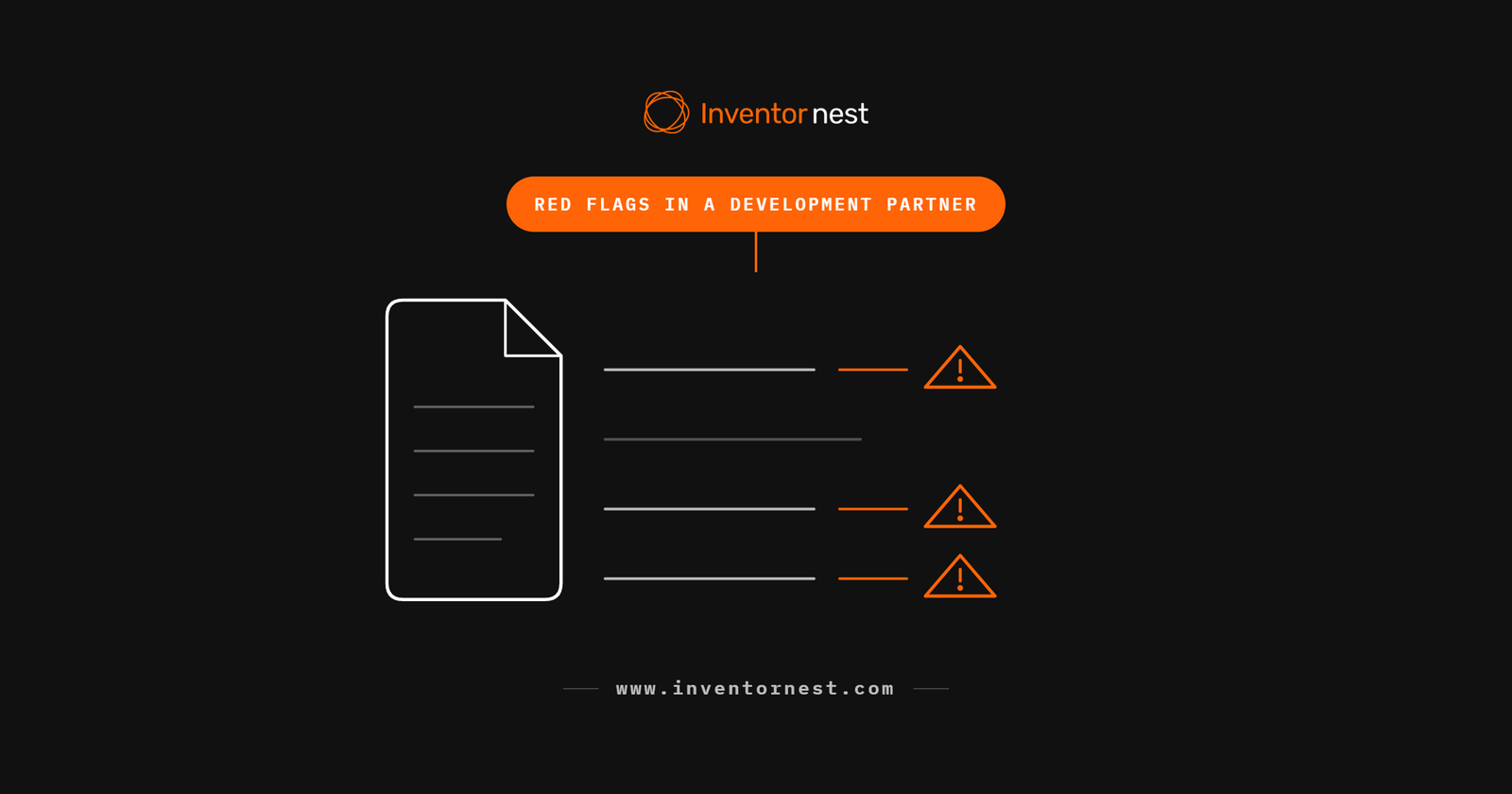 Line diagram of a document icon beside a list marked with warning triangles, representing red flags in a product development partner.