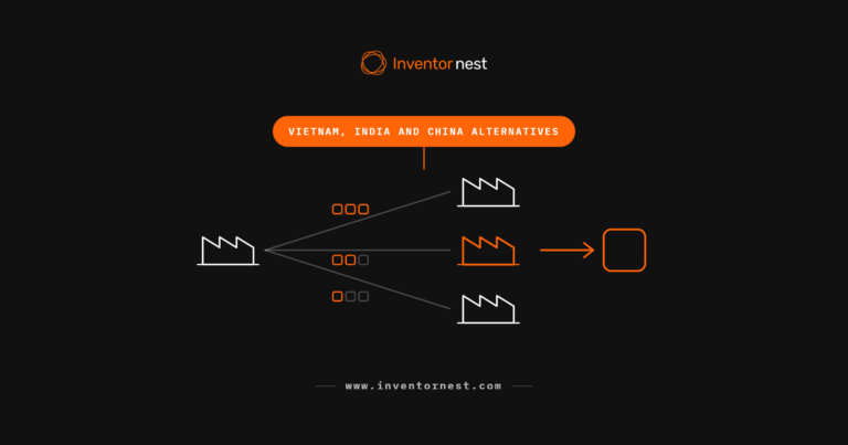 Branded graphic comparing Vietnam, India, and China as manufacturing alternatives for hardware products