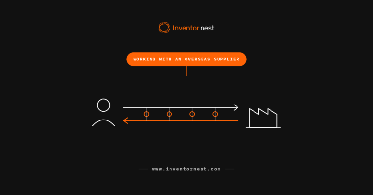 Line diagram of a founder and an overseas factory exchanging information in both directions across a series of checkpoints, representing working with an overseas hardware supplier